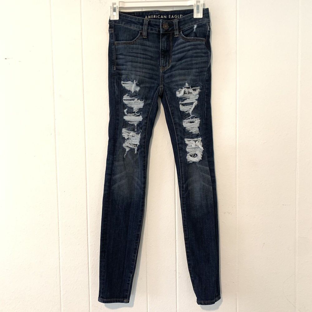 American‎ Eagle Womens 00 Jeans High Rise Jegging Skinny Distressed Holes